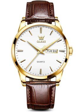Men's White And Gold Quartz Leather Brown Buckle Waterproof Luminous Round Watch